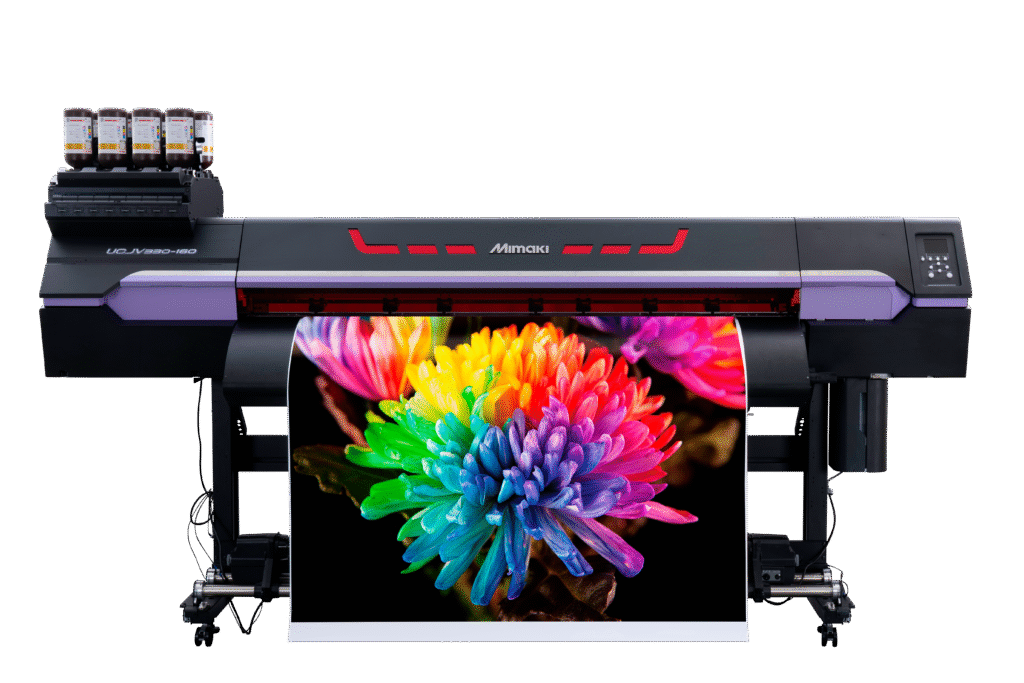 Czarna drukarka Mimaki z wydrukiem kolorowego kwiatu