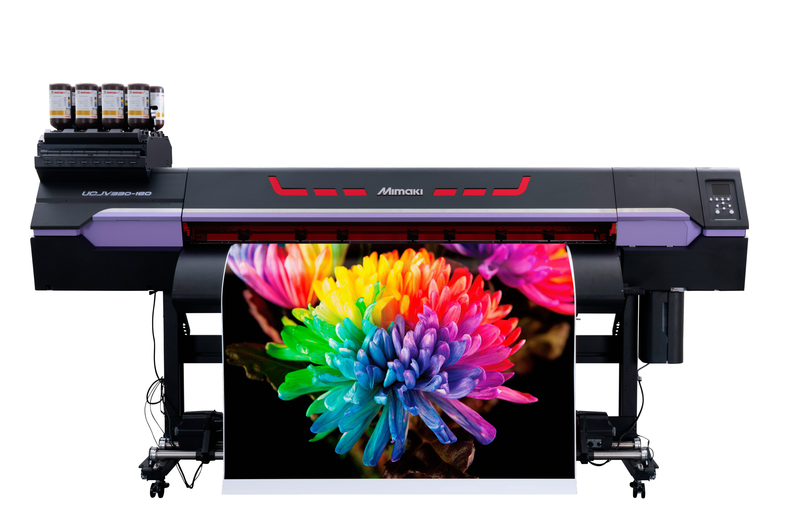 Czarna drukarka Mimaki z wydrukiem kolorowego kwiatu